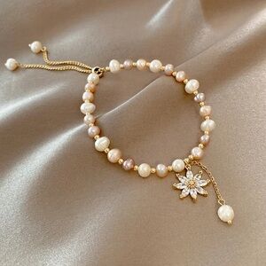 Freshwater Pearl Daisy Flower CZ Charm Adjustable Slider Bracelet Pink and Gold